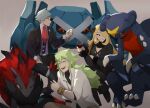  1girl 2boys :d alcohol anne_(reskiaaaann) bangle black_pants blonde_hair bracelet brown_pants closed_eyes closed_mouth collared_shirt commentary cup cynthia_(pokemon) drinking_glass garchomp green_hair hair_over_one_eye highres holding jacket jewelry long_hair long_sleeves metagross multiple_boys n_(pokemon) open_mouth pants pokemon pokemon_(creature) pokemon_(game) pokemon_bw pokemon_dppt pokemon_oras shirt short_hair smile steven_stone teeth undershirt upper_teeth_only vest white_shirt wine wine_glass zoroark 