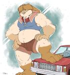  2019 anthro barefoot belly big_feet bottomwear bulge car clothed clothing digital_media_(artwork) feet fur growth hair hair_over_eyes huge_feet lagomorph leporid macro male mammal musclegut muscular muscular_anthro muscular_male obese organs overweight overweight_male paws rabbit shorts simple_background size_difference smile stomach tan_body tan_fur teaselbone toes topwear vehicle vehicle_destruction 