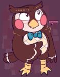  angrimator animal_crossing anthro avian bird blathers_(animal_crossing) blue_bow_tie bow_tie bow_tie_only brown_body full-length_portrait looking_away male mostly_nude nintendo owl portrait red_background signature simple_background solo standing 