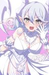  1girl breasts cleavage demon_girl demon_horns demon_wings dress duel_monster gloves horns large_breasts looking_at_viewer lovely_labrynth_of_the_silver_castle low_wings pointy_ears solo takkayuuki thighhighs twintails white_hair wings yellow_eyes yu-gi-oh! 