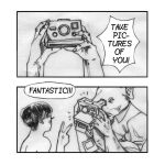  anthro baby_(soysoakedjelly) camera clothing comic dialogue domestic_pig duo gesture hair holding_camera holding_object human humanoid_hands male mammal photo shirt soysoakedjelly speech_bubble suid suina sus_(pig) taking_picture topwear ugo_(soysoakedjelly) v_sign 