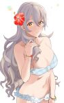  1girl absurdres alternate_costume bikini blue_nails blush breasts closed_mouth collarbone commentary_request corrin_(female)_(fire_emblem) corrin_(fire_emblem) fingernails fire_emblem fire_emblem_fates flower grey_hair hair_between_eyes hair_flower hair_ornament hibiscus highres large_breasts long_hair looking_at_viewer nail_polish navel orange_eyes pointy_ears red_flower simple_background solo sou_mei stomach swimsuit very_long_hair wavy_hair white_background white_bikini 