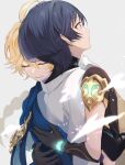  2boys aether_(genshin_impact) ahoge arm_armor armor back black_gloves black_shirt blonde_hair blue_cape blue_eyes blue_hair blunt_ends blush braid brown_shirt cape closed_eyes dark_blue_hair eyeshadow genshin_impact gloves gold_trim grey_background hair_between_eyes hands_up highres hug long_hair looking_up makeup male_focus multiple_boys no_headwear open_mouth red_eyeshadow scaramouche_(genshin_impact) scarf shirt short_hair short_sleeves shoulder_armor simple_background smile standing surprised uru_7 vest wanderer_(genshin_impact) white_scarf white_vest yaoi 