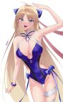  1girl absurdres ahoge artoria_caster_(fate) artoria_caster_(swimsuit)_(fate) artoria_pendragon_(fate) bare_shoulders blonde_hair blue_one-piece_swimsuit blue_ribbon blush bow breasts cleavage covered_navel fate/grand_order fate_(series) green_eyes hair_bow highleg highleg_swimsuit highres kurozawa_yui large_breasts long_hair looking_at_viewer one-piece_swimsuit parted_bangs ribbon swimsuit thighs twintails very_long_hair 