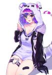  1girl black_nails fangs hair_ornament hairclip heterochromia highres hood hooded_jacket jacket long_sleeves looking_at_viewer nijisanji nijisanji_en no_pants open_mouth purple_hair savi_(byakushimc) selen_tatsuki short_hair smile sweater virtual_youtuber white_background 