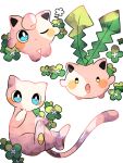  :o animal_focus blue_eyes clover colored_skin four-leaf_clover hanabusaoekaki highres hoppip jigglypuff mew_(pokemon) no_humans one_eye_closed pawpads pink_skin pokemon pokemon_(creature) simple_background solid_oval_eyes tail white_background 