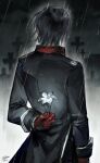  1boy absurdres arm_behind_back black_hair black_jacket dark dated flower fog from_behind gloves graveyard highres holding holding_flower jacket ji34976561 leonard_mitchell lord_of_the_mysteries male_focus night night_sky rain red_gloves short_hair signature sky solo tombstone wet 
