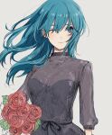  1girl alternate_costume black_dress blue_eyes blue_hair bouquet byleth_(female)_(fire_emblem) byleth_(fire_emblem) closed_mouth commentary_request dress fire_emblem fire_emblem:_three_houses floating_hair flower grey_background holding holding_bouquet long_hair long_sleeves one_eye_closed red_flower red_rose roroichi rose see-through simple_background solo 