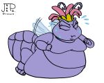  2021 a_bug&#039;s_life ant antennae_(anatomy) arthropod bodily_fluids clenched_fists disney eyes_closed female flower_hair_accessory hi_res hymenopteran insect insect_wings juanpadraws mouth_closed obese overweight pixar princess_atta purple_body purple_skin signature simple_background solo sweat trying_to_fly weight_gain white_background wings 