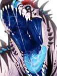  3:4 absurd_res black_body blue_eyes blue_sclera blue_tongue bodily_fluids cheek_spikes dinosaur facial_spikes fangs front_view glistening glistening_eyes hi_res imperatorcaesar looking_at_viewer mouth_shot open_mouth pupils reptile saliva saliva_on_tongue saliva_string scalie sharp_teeth simple_background slit_pupils solo spikes spikes_(anatomy) teeth tongue white_background white_body 