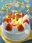  absurdres blue_background cake candle christmas christmas_cake dated fish food food_focus fruit highres icing merry_christmas no_humans original plate santa_claus signature snowman star_(symbol) strawberry tainosuke 