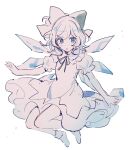  1girl blue_eyes bow cirno dress fairy full_body green_bow hair_bow highres ice ice_wings limited_palette mozukuzu_(manukedori) parted_lips puffy_short_sleeves puffy_sleeves short_hair short_sleeves simple_background socks solo touhou white_background wings 