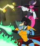  anthro canto casting_spell clothed clothing dragon dungeon duo fighting_pose glawin hi_res kingchan magic male pose powers smile 
