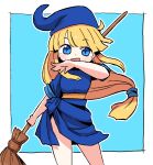  1girl belt blonde_hair blue_background blue_headwear blue_skirt blush border broom brown_belt dokan_(dkn) dot_nose eyelashes hat holding holding_broom open_mouth puyopuyo sidelocks skirt solo tied_skirt white_border witch witch_(puyopuyo) 