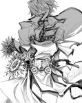 1boy belt belt_buckle buckle capelet coat dong_hole floating_hair flower greyscale guilty_gear guilty_gear_xrd hair_over_one_eye highres ky_kiske looking_at_viewer monochrome short_hair solo sunflower swept_bangs 