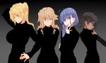  4girls black_background black_hair blonde_hair blue_eyes blue_hair braid closed_mouth dark_skin green_eyes hair_intakes hand_on_own_hip highres long_hair multiple_girls original oteruko_(wanabeee) simple_background single_braid yellow_eyes 