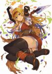  1girl blonde_hair breasts fingerless_gloves fire_emblem fire_emblem:_the_binding_blade fire_emblem_heroes gloves igrene_(fire_emblem) kunai large_breasts long_hair looking_at_viewer miyazakit mole mole_under_eye ninja solo thighhighs weapon yellow_eyes 