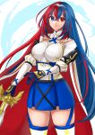  1girl alear_(female)_(fire_emblem) alear_(fire_emblem) blue_eyes blue_gloves blue_hair blue_skirt cape closed_mouth cowboy_shot crossed_bangs fire_emblem fire_emblem_engage garter_straps gloves hair_between_eyes hazuki_(nyorosuke) heterochromia highres holding holding_sword holding_weapon long_hair long_sleeves looking_at_viewer multicolored_hair red_eyes red_hair skirt solo sword thighhighs tiara two-tone_hair very_long_hair weapon 