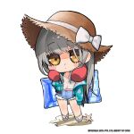  1girl bikini bikini_under_clothes blue_shorts blush_stickers bow brown_eyes chibi closed_mouth cutoffs denim denim_shorts dot_nose frima_(nikke) frima_(sea_of_sloth)_(nikke) full_body goddess_of_victory:_nikke grey_hair hand_in_pocket hat hat_bow highres inflatable_raft jacket long_hair long_sleeves looking_at_viewer official_art open_clothes open_jacket sandals see-through shirt short_shorts shorts solo standing starfish straw_hat swimsuit totatokeke white_bow white_shirt 