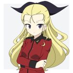  1girl assam_(girls_und_panzer) black_ribbon blonde_hair blue_eyes closed_mouth commentary crossed_arms girls_und_panzer grey_background hair_pulled_back hair_ribbon highres ichinose_jun jacket long_hair long_sleeves looking_at_viewer military_uniform red_jacket ribbon simple_background smile solo st._gloriana&#039;s_military_uniform uniform upper_body 