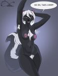 anthro armpit_fetish armpit_hair black_body black_fur bodily_fluids body_hair breasts female fluffy fluffy_tail fur hair hands_behind_head hi_res katfishcom looking_at_viewer mammal mephitid nipples nude pubes skunk solo sweat tail white_hair 