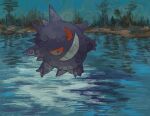  absurdres black_eyes blue_sky colored_sclera commentary floating full_body gengar grin happy highres lake looking_at_viewer nishinori_(24no71) no_humans outdoors pokemon pokemon_(creature) red_sclera sky smile solo teeth water 