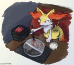  ambiguous_gender anthro biped braixen detailed_background food fur generation_6_pokemon hi_res nintendo open_mouth orange_body orange_eyes orange_fur pokemon pokemon_(species) sealer4258 simple_background solo white_background white_body white_fur yellow_body yellow_fur 