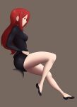  1girl absurdres bare_legs black_dress black_footwear clothes_pull dress dress_pull from_side full_body highres legs long_hair looking_at_viewer makeup orange_eyes parasoul_(skullgirls) red_hair simple_background skin_tight skullgirls smile solo vehn 