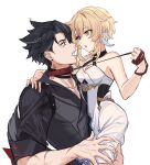  1boy 1girl bandaged_neck bandages black_hair blonde_hair breasts cleavage dress ear_piercing fangs feather_hair_ornament feathers genshin_impact grey_hair hair_between_eyes hair_ornament hetero highres leash leash_pull lumine_(genshin_impact) medium_breasts multicolored_hair open_mouth orange_eyes piercing scar scar_on_arm scar_on_neck shirt short_hair_with_long_locks simple_background stars4993 white_background white_dress wriothesley_(genshin_impact) 