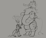  2021 anthro arcanine arlean_(raster_dreams) belly big_belly black_and_white dialogue duo feral generation_1_pokemon hand_on_stomach hi_res macro monochrome narrowed_eyes nintendo pokemon pokemon_(species) raster_dreams scarf size_difference speech_bubble standing tail 