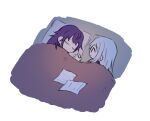  2girls asahina_mafuyu blue_hair chinese_commentary closed_eyes closed_mouth commentary fofireee hair_down holding_hands light_blue_hair long_hair looking_at_another lying multiple_girls on_side paper pillow project_sekai purple_hair sleeping smile yoisaki_kanade 