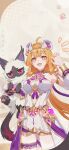  1girl :d animal arabian_clothes bare_shoulders birthday breasts cat detached_sleeves happy highres holding holding_animal holding_cat honkai_(series) honkai_impact_3rd jewelry korean_commentary large_breasts long_hair official_art official_wallpaper open_hand open_mouth orange_eyes orange_hair simple_background smile stan_(honkai_impact) star-shaped_pupils star_(symbol) susannah_manatt susannah_manatt_(valkyrie_quicksand) symbol-shaped_pupils teddy_bear_ornament upper_body 
