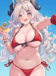  +_+ 1girl ahoge bare_shoulders bikini black_horns blue_archive blue_background blush breasts cleavage cowboy_shot flipped_hair food food_on_face front-tie_bikini_top front-tie_top hair_ornament hairclip highres holding holding_food horns huge_breasts izumi_(blue_archive) izumi_(swimsuit)_(blue_archive) long_hair looking_at_viewer messy_hair navel o-ring o-ring_bikini official_alternate_costume open_mouth orange_eyes outstretched_arm red_bikini red_nails red_scrunchie red_wristband scrunchie side-tie_bikini_bottom simple_background smile solo stomach swimsuit takoyaki tareme u_jie wet white_hair wrist_scrunchie 
