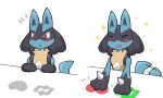  2023 3_fingers anthro aya_tsuji black_body black_fingers black_hands blue_ears blue_tail blush cute_fangs emanata eyes_closed fingers generation_4_pokemon happy hi_res looking_down lucario nintendo open_mouth open_smile pokemon pokemon_(species) red_eyes simple_background smile solo tail tail_motion tailwag teeth white_background 