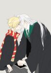  2boys alternate_universe bent_over black_robe blonde_hair blue_eyes book book_on_lap closed_eyes cloud_strife crossover damso final_fantasy final_fantasy_vii grey_hair gryffindor hand_grab harry_potter highres holding holding_book kiss long_hair low_ponytail male_focus monochrome_background multiple_boys necktie ponytail red_scarf robe scarf school_uniform sephiroth short_hair simple_background slytherin surprise_kiss surprised yaoi 