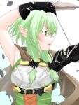 1girl absurdres arm_up arrow_(projectile) black_bow black_gloves bow bow_(weapon) brown_cape cape colored_eyelashes drawing_bow elf gloves goblin_slayer! green_eyes green_hair hair_bow high_elf_archer_(goblin_slayer!) highres holding holding_bow_(weapon) holding_weapon looking_to_the_side parted_lips pointy_ears sidelocks solo torn_cape torn_clothes umihisa1204 upper_body weapon 