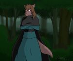  anthro brown_body brown_fur brown_hair canid canine canis clothing crossed_arms female fur hair heterochromia kuro_typhlosion mammal natani smile solo standing twokinds webcomic webcomic_character wolf 