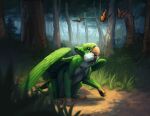  absurd_res aeolus_viridis_(character) avian beak digital_media_(artwork) digital_painting_(artwork) dirt forest fur green_body green_fur gryphon hi_res mythological_avian mythology onyxserpent painting paws plant tree 