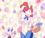  1boy 1girl akie_(saru_getchu) animal_ears blue_eyes breasts cleavage detached_collar earrings easter fake_animal_ears jewelry large_breasts leotard long_hair looking_at_viewer open_mouth pantyhose playboy_bunny pompadour rabbit_ears rabbit_tail saru_getchu saru_jia smile specter_(saru_getchu) strapless strapless_leotard tail 