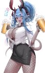  1girl absurdres alcohol beer beer_mug black_skirt blue_hair blush breasts center_opening cleavage collared_shirt colored_skin cup dress_shirt eyeliner fate/grand_order fate_(series) fishnet_pantyhose fishnets grey_skin hair_between_eyes hair_bun hair_ornament hair_scrunchie highres horn/wood horns ibuki_douji_(fate) large_breasts long_hair long_sleeves looking_at_viewer makeup mug multicolored_hair one_eye_closed oni oni_horns open_mouth pantyhose pencil_skirt pink_hair pointy_ears red_eyes scrunchie shirt sidelocks single_hair_bun skirt smile solo tail white_shirt 