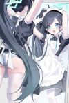  1girl absurdres apron aris_(blue_archive) aris_(maid)_(blue_archive) arms_up ass black_dress black_hair blue_archive blue_eyes blue_halo blush collared_dress dress frilled_apron frills halo hido_(meori_apu_da) highres long_hair looking_at_mirror maid maid_apron maid_headdress mirror official_alternate_costume open_mouth panties pantyshot ponytail puffy_short_sleeves puffy_sleeves reflection short_sleeves solo thighhighs underwear very_long_hair white_apron 