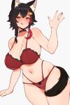  1girl absurdres animal_ears black_hair black_nails breasts cleavage highres hololive huge_breasts multicolored_hair nail_polish ookami_mio red_hair simple_background solo streaked_hair tail tail_around_own_leg varniskarnis virtual_youtuber white_background wolf_ears wolf_girl wolf_tail 