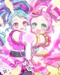  1girl 2girls :d absurdres ahoge belt black_belt black_hairband blue_hair bow commentary_request dress flower foreshortening glowing green_eyes hair_bow hair_flower hair_ornament hairband heart highres holding holding_microphone idol idol_land_pripara katasumi_amari long_hair looking_at_viewer manaka_laala microphone momokan_(mmkn100) multiple_girls open_mouth outstretched_arm pink_bow pink_eyes pretty_(series) pripara purple_flower sash shoulder_sash smile sparkle standing twintails very_long_hair white_background white_dress 