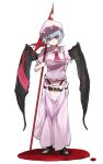  1girl absurdres ascot bat_wings black_panties blood blue_hair closed_mouth commentary_request full_body hat highres holding holding_polearm holding_weapon light_blue_hair looking_at_viewer mob_cap panties pink_headwear pink_shirt pink_skirt polearm red_ascot red_eyes remilia_scarlet shirt short_hair simple_background skirt solo spear spear_the_gungnir standing touhou underwear weapon white_background wings yagoro_kusuriya 