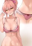  1girl areola_slip bangs blush bow bra breasts cleavage dot_nose groin hair_between_eyes hair_bow hand_up highres idolmaster idolmaster_cinderella_girls jougasaki_mika lace-trimmed_bra lace-trimmed_panties lace_trim lower_body medium_breasts mk_(mod0) multiple_views navel nervous_smile open_mouth panties pink_bow pink_bra pink_hair pink_nails pink_panties raised_eyebrows short_ponytail sidelocks smile stomach thigh_gap underwear underwear_only upper_body yellow_eyes 