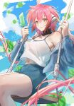  1girl absurdres bare_shoulders black_collar blue_jacket blue_shorts blue_sky breasts chain clear_autumn cloud cloudy_sky collar feathered_wings food fruit green_eyes highres holding holding_food holding_ice_cream holding_popsicle ice_cream ikaros jacket large_breasts lips long_hair looking_at_viewer low_twintails midriff navel open_clothes open_jacket outdoors pink_hair popsicle robot_ears shorts signature sky solo sora_no_otoshimono swing swinging tank_top twintails watermelon white_tank_top white_wings wings 