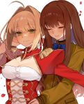  2girls :d ahoge blue_bow blush bow braid braided_bun breasts brown_hair cleavage closed_eyes couple dress epaulettes fate/extra fate_(series) green_eyes hair_bun hair_intakes hair_ribbon hand_on_another&#039;s_waist hand_up highres juliet_sleeves kishinami_hakuno_(female) long_hair long_sleeves medium_breasts multiple_girls nero_claudius_(fate) nero_claudius_(fate/extra) petals puffy_sleeves raised_eyebrows red_dress red_ribbon ribbon rose_petals school_uniform sidelocks simple_background single_hair_bun smile tsukumihara_academy_uniform_(fate/extra) upper_body uxco0 white_background yuri 