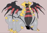  2023 altered_forme_giratina ambiguous_gender big_butt black_body black_sclera black_wings blush blush_lines butt digital_media_(artwork) embarrassed feral generation_4_pokemon giratina grey_body grey_tail hexapod huge_butt kaizocns legendary_pokemon multicolored_body nintendo nude pokemon pokemon_(species) red_body red_eyes red_spikes solo spiked_wings spikes spikes_(anatomy) thick_thighs three-quarter_view wings yellow_body 