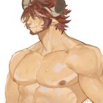  1boy abs absurdres animal_ears arknights bara beard cow_boy cow_ears cow_horns facial_hair highres horns humus_(arknights) large_pectorals looking_to_the_side male_focus mature_male mobrinono multicolored_hair muscular muscular_male nipples pectoral_focus pectorals red_hair short_hair smile solo streaked_hair sweat thick_eyebrows upper_body 