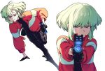  1boy androgynous black_gloves blonde_hair daru_0218 firefighter_jacket gloves green_hair half_gloves highres jacket leather leather_pants lio_fotia long_sleeves looking_at_viewer male_focus multiple_views otoko_no_ko pants promare purple_eyes short_hair 